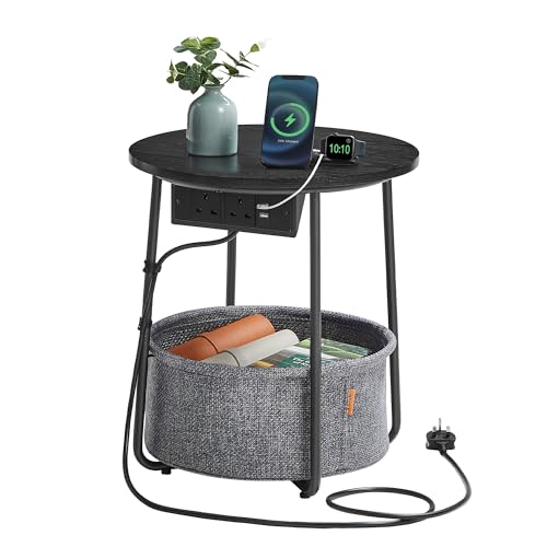 VASAGLE Side Table with Charging Station, Round End Table with Power Outlets, USB Ports, Fabric Basket, Living Room, Bedroom, Bedside Table, Modern, Ebony Black and Slate Grey LET228B03