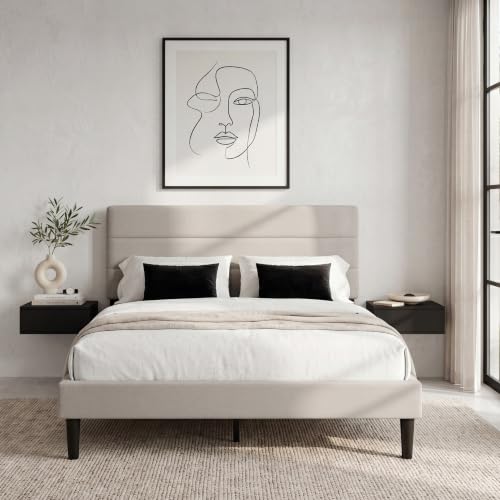 Vida Designs Vandura King Fabric Bed Frame - Beige Linen - 97-106H x 157.5W x 207.5D cm - Soft Cushioned & Adjustable Headboard - Under Bed Storage - Slatted Base - Minimalist Style