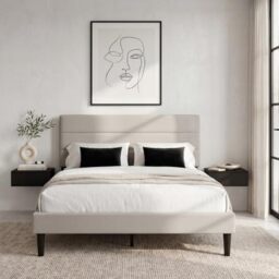Vida Designs Vandura King Fabric Bed Frame - Beige Linen - 97-106H x 157.5W x 207.5D cm - Soft Cushioned & Adjustable Headboard - Under Bed Storage - Slatted Base - Minimalist Style