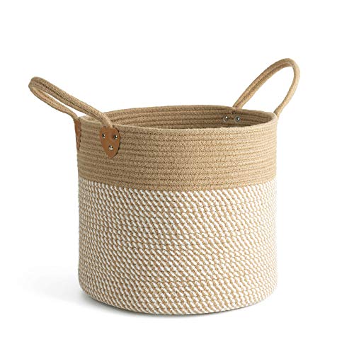"CHICVITA Large Jute Basket Woven Storage Basket with Handles ??? Jute Laundry Basket Toy Towels Blanket Basket Home Decor, White, 14"" x 14"" x 12"""