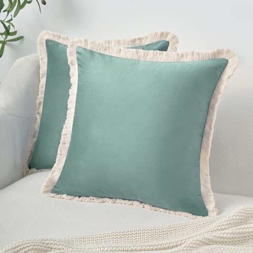 MONDAY MOOSE Decorative Throw Pillow Covers Cushion Cases, Set of 2 Soft Velvet Modern Fringe Tassel Designs, Mix and Match for Home Decor, Pillow Inserts Not Included (Sea Green, 16x16 inch)