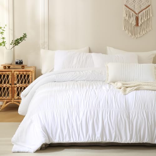 "Lady Ann King Size Comforter Sets White Ruched Bedroom Sets, 106""*95"" Fluffy Bedding Comforter Sets, Ultra Soft & Luxurious All Season Bed Sets for Women Men, 3pcs"