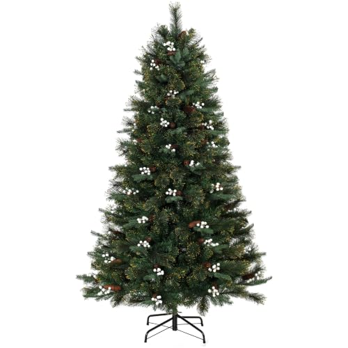 HOMCOM 6 ft Artificial Christmas Tree w/Gold Glitter Accents & Berries - 716 Mixed PE & PVC Branch Tips, Hinged Branches, Foldable Metal Stand, Indoor Christmas Decoration for Home and Office