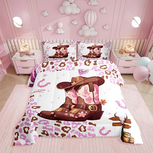 Erosebridal Cowgirl Boot Hat Twin Bedding Set,Pink Milk Cow Print Comforter Set for Girls Kids Teen,Western Horseshoe Bull Skull Comforter,Country Bedroom Room Decor,1 Pillowcase Breathable
