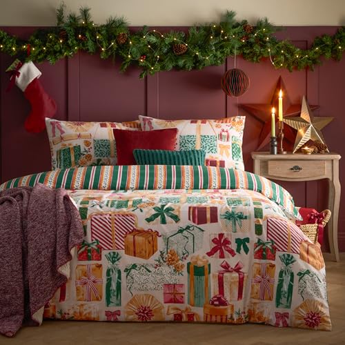 furn. All Wrapped Up Duvet Cover Set – Reversible Christmas Bedding with Presents and Stripe Design (Emerald/Red - King)