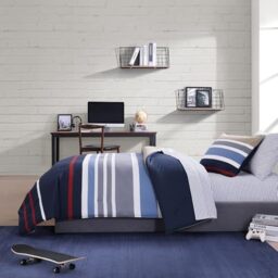 Nautica 100 Percent Cotton Cozy and Soft, Durable and Breathable Striped Reversible Comforter Matching Sham, 2-Piece Bedding Set, Navy/Khaki, Twin