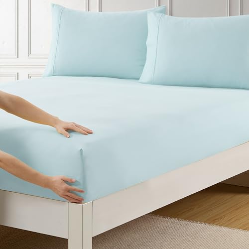 Full Size Fitted Sheet Only with Full Elastic & Built in Corner Sheet Straps to Prevent Shifting - Soft & Breathable Brushed Microfiber Bottom Sheet, Light Blue