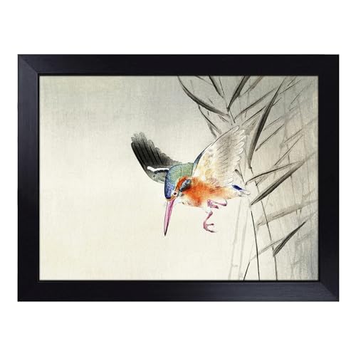 Lap Tray with Bean Bag Cushion, Hunting Kingfisher By Ohara Koson - Handmade in the UK, Raised Wooden Edge, Padded Cushion, Heat-Resistant Wipe-Clean Surface, for Meals, Laptops and Crafts