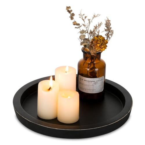 Hanobe Round Wood Candle Holder Tray, Black Coffee Table Centerpiece Decor - Rustic Decorative Candlestick Plates for Kitchen Counter, Farmhouse Living Room Decor