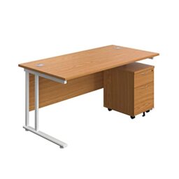 Office Hippo Heavy Duty Rectangular Cantilever Office Desk, Home Office Desk With 2 Drawer Lockable Mobile Pedestal Filing Cabinet, File Cabinet, 5 Yr Wty, White Frame, Oak, 180 x 80 cm