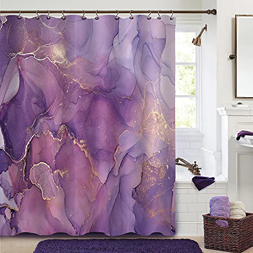 "Gibelle Purple Marble Shower Curtain, Abstract Lavender Gold Marble Texture Shower Curtains for Bathroom, Modern Ink Art Painting Waterproof Fabric Bathroom Decor, 72"" W x 72"" L"