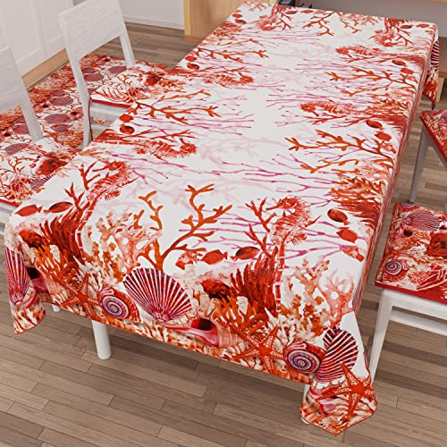 PETTI Artigiani Italiani - Stain Resistant Tablecloth Square 140x140 cm 4 Seats, Wipe Clean Microfibre Kitchen Table Cover, Red Coral Design, 100% Made in Italy