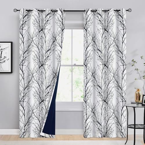 FMFUNCTEX 100% Blackout Branch Curtains, 96 Inch Long, Black Tree Window Curtains, Thermal Insulated, Room Darkening, Grommet Top, 2 Panels