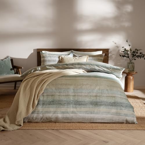Yard Swift Duvet Cover Set – Soft Reversible Striped Brushed Cotton Earth Toned Bedding Set (Eucalyptus - Double)