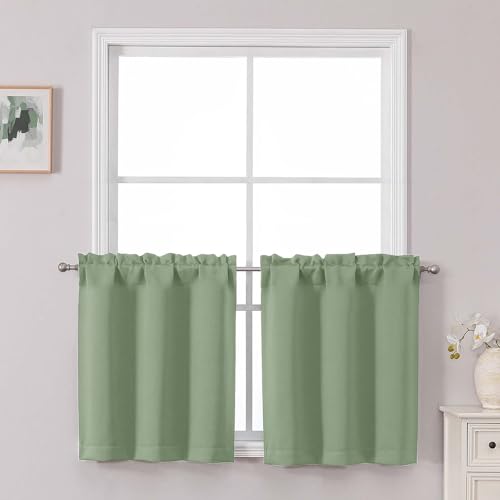 Chyhomenyc Short Blackout Curtains 24 Inch Length - Small Room Darkening Thermal Insulated Half Window Curtains for Kitchen Basement Cabinet Camper Bathroom, 2 Panels, 30Wx24L, Light Green