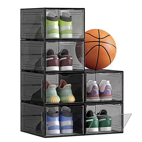 SONGMICS Set of 6 Stackable Shoe Boxes, 25 x 33.5 x 18 cm, Clear Doors - Plastic Shoe Storage Organisers, Easy Assembly, Up to UK Size 10, Ink Black and Slate Grey, DENNYS Collection LSP032B06