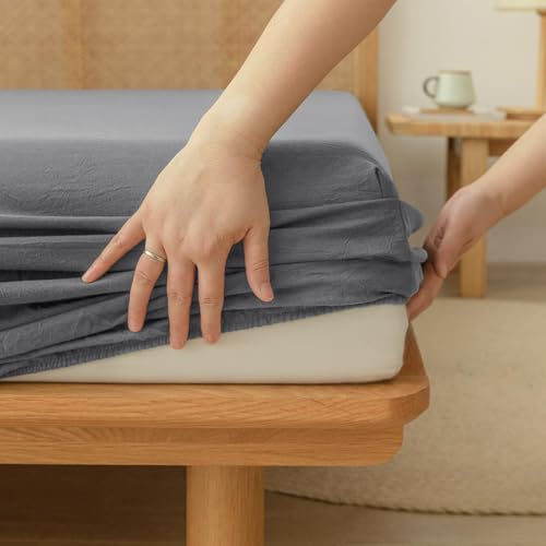 BESTOUCH Full Fitted Bottom Sheet???Breathable 100% Washed Cotton Linen-Like - 16-19 Inch Deep Pocket Fits Mattress - Fade Resistant Soft Comfy Durable Easy Care