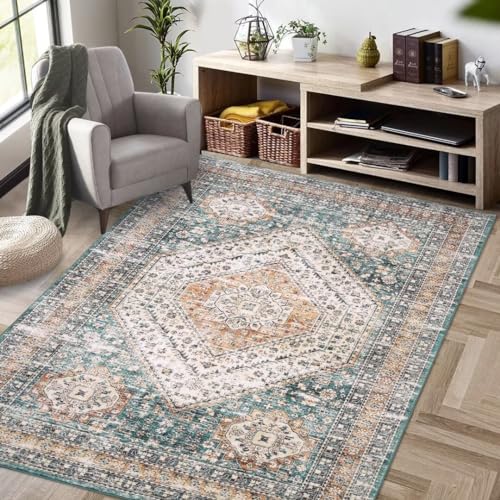 Zstar Rugs, Stain Resistant Washable Rug, Lint Free Rugs for Living Room, Bedroom, Non-Slip Backing, Home Decoration, Area Rug, Blue Green, 160 x 230 cm