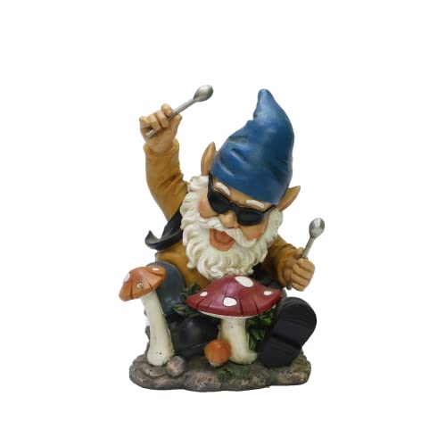 "Nature's Mark Rock n Roll Gnome in a Band Playing Drums Resin Statue Figurine Home Garden Decorative Accent D??cor (8"" H)"