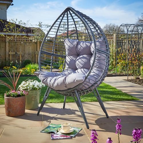 Home Source Eden Egg Chair – Dark Grey Rattan, Waterproof Cushion & Base - 93W x 70D x 148H cm - Indoor & Outdoor Seat