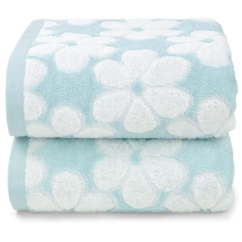 Cotton Towels for Bathroom Decor with Floral Jacquard, Super Soft and Absorbent Bath Towel Set of 2, Large Size 27.5x55 Inches