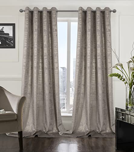 always4u 100% Blackout Soft Velvet Curtains for Bedroom Living Room Thermal Energy Saving 108 Inches Long Luxury Gold Foil Print Drapes 2 Panels Champagne