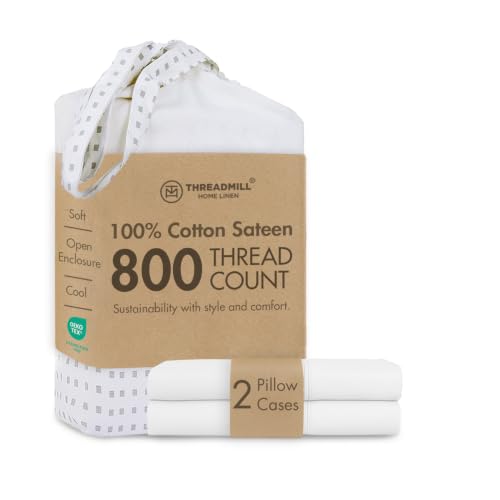 Threadmill Pillow Cases Standard Size - 800 Thread Count Sateen Weave - 100% Cotton 2 Piece Solid Pillow Covers - Extra Long Staple Cotton - Luxurious Hotel White Pillow Protectors