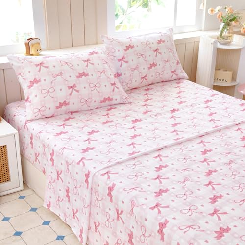 Homilay Full Sheets Set Kids - 4 Piece Pink Bow Sheets for Boys, Girls, Teens, Toddler, Easy Fit Deep Pockets, Breathable, Wrinkle-Free, Cozy Soft Cartoon Print Cute Bed Sheets