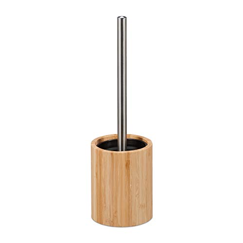 Relaxdays Silicone Toilet Brush, Antibacterial, Replaceable Head, Bathroom, Bamboo, HxD: 35 x 10.5 cm, Natural/Silver