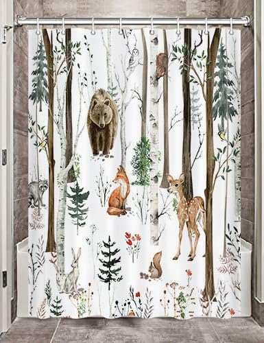 Rustic Forest Shower Curtain for Bathroom, Country Hunting Bear Deer Wild Animals Farmhouse Lodge Country Shower Curtain, Rustic Lodge Cabin Shower Curtain Nature Bathroom Set with Hooks, 47X64 Inch