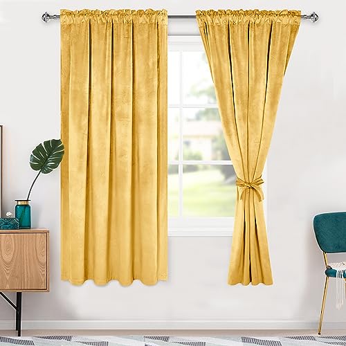 Hiasan Velvet Curtains 72 inch Blackout Privacy Rod Pocket Thermal Insulated Soft Curtains Room Darkening Window Drapes with Tiebacks for Bedroom Living Room, Set of 2 Panels, 52W x 72L, Yellow