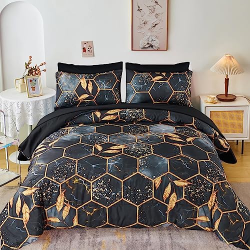 ZRNBAST Honeycomb King Size Comforter Set Black 7 Pieces Geometric Marble Black Gold Bed in A Bag King Hexagon Gold Trim Print Water Ripple Pattern Bedding Set for All Season (Black, King)