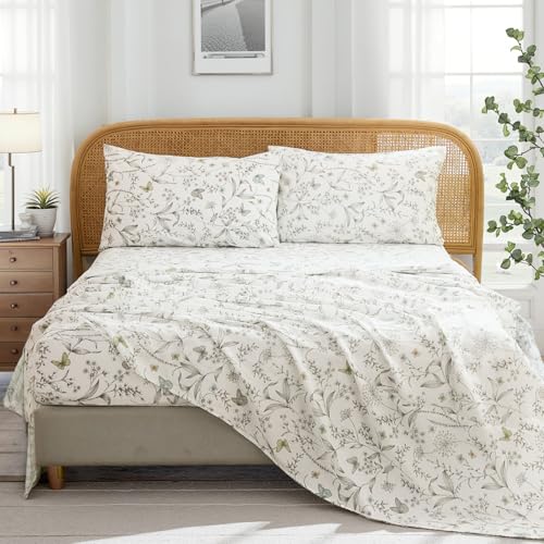 "Cozaline 100% Cotton Sheet Set Queen Size ??? 4-Piece Chic White Floral Bedding Set, Soft Breathable Percale Weave, Deep Pocket Fitted Sheet 17.5"", Crisp Cool Feel, Refined Botanical Elegance"
