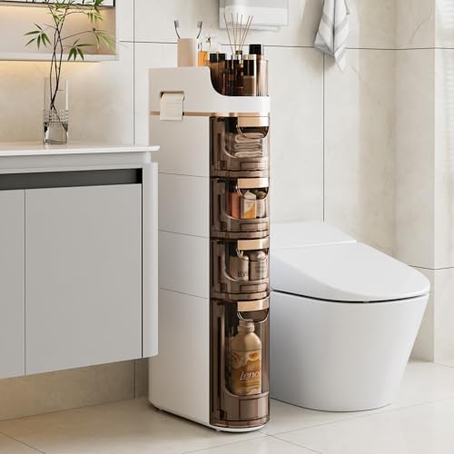 VECELO Slim Bathroom Storage Cabinet with Wheels, Narrow Floor Cabinet with 4 Drawers, Toilet Paper Holder, Waterproof Space-Saving Movable Plastic Gap Organiser, White