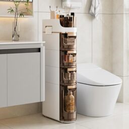VECELO Slim Bathroom Storage Cabinet with Wheels, Narrow Floor Cabinet with 4 Drawers, Toilet Paper Holder, Waterproof Space-Saving Movable Plastic Gap Organiser, White