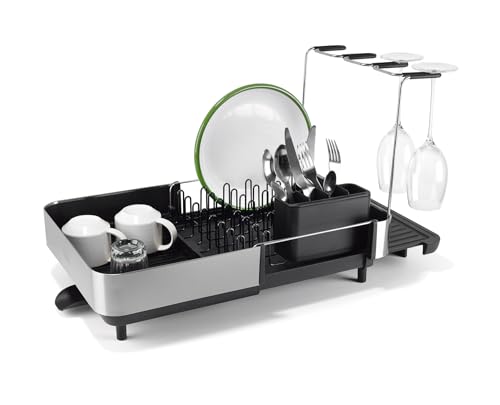 Joseph Joseph Extend Steel Plus Extendable Dish Rack Steel, Small to Large Dish Drainer with Wine Glass Holder & Drain Spout, Black