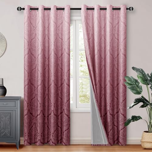 DWCN Christmas Blackout Curtains for Bedroom 96 Inch Long-Damask Patterned Ombre Thermal Insulated Energy Saving Grommet Drapes for Living Room, Window Curtain 2 Panels, 52 x 96 Length, Burgundy