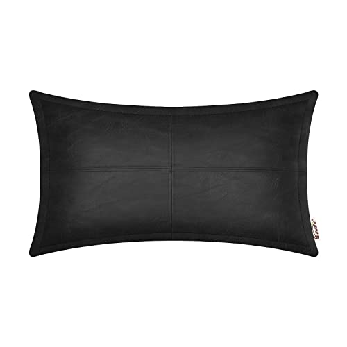 BRAWARM Black Leather Throw Pillow 12 x 20 Inches, Faux Leather Pillow Cover with Piping, Hand Stitched Decorative Lumbar Throw Pillow Covers for Couch Sofa Bed Living Room Garden