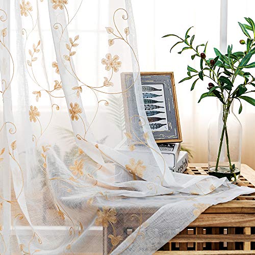 "MYSTIC-HOME Floral Embroidery Gold Sheer Curtains 84 Inches Long, Rod Pocket Sheer Drapes Bedroom, 2 Panels, Semi Crinkle Voile Window Treatments Floral Beige, 52"" Wx84 L"