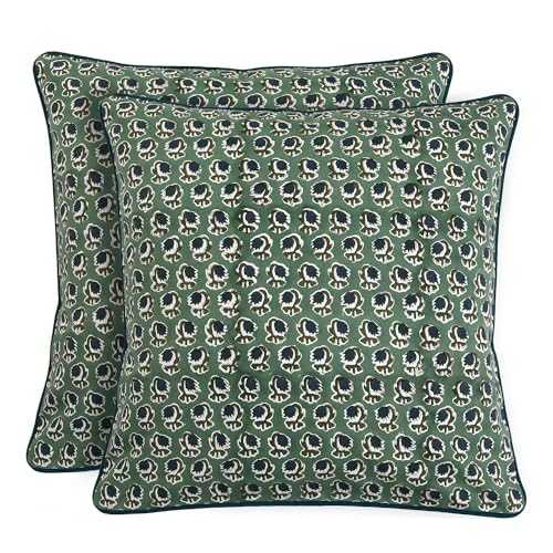 "Ridhi Block Print Basil Green Pillow Cover 18"" x 18"" (Pack of 2) Decorative Couch Pillows for Living Room, Chic Boho Cute Outdoor Pillows Covers Gifts for Spring, Easter and Valentine"