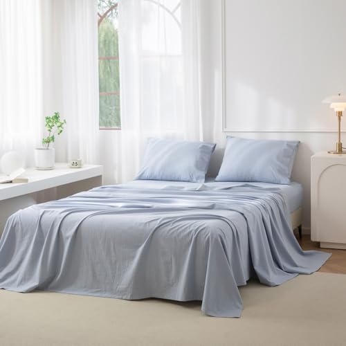 "JIYUAN Queen Washed Cotton Sheet Set, 4-Piece, Relaxed Linen Feel - Deep Pocket Fits Mattresses up to 17"". Flat Sheet & 2 Pillowcases. Naturally Soft & Breathable. Machine Washable."