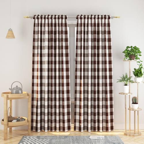 Natus Weaver Buffalo Check Curtains 108 inches Long Cotton Basement Gingham Plaid Kitchen Window Curtain Panels Living Room Checker Drapes Bedroom Rod Pocket Window Treatment 2 Panels Brown and White