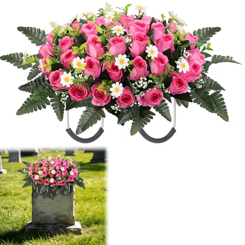 Wocst Cemetery Decorations for Grave Large Headstone Flower Saddle Grave Silk Flowers for Outdoor Grave Decoration(Pink)