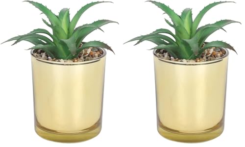 Sleepdown Halo Green Aloe Vera Leaf Gold Pot Artificial Faux Plant for Home Office Bathroom Decor Indoor Decoration Aesthetics, Small (Pack of 2)