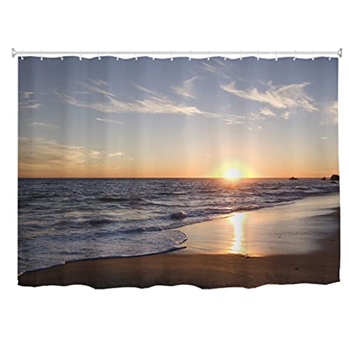 goodbath Extra Wide Shower Curtain 108 x 72 Inch, Ocean Sea Beach Sunset Waterproof Fabric Bathroom Shower Curtains Set with Hooks, Brown Blue Orange