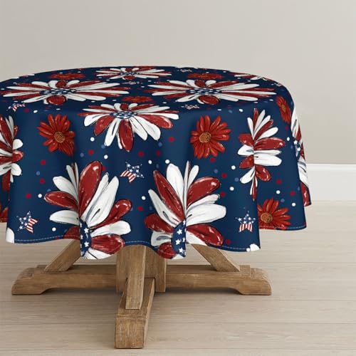 Horaldaily 4th of July Tablecloth 60??60 Inch Round, Patriotic Memorial Day Red and Blue Print Flowers Independence Day Washable Table Cover for Party Picnic Dinner Decor