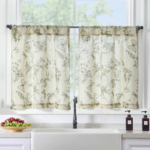 Lazzzy Green Floral Linen Kitchen Curtains 24 Inch Long, Linen Farmhouse Cafe Rustic Country Small Curtains Rod Pocket Tiers, 2 Panels, Green on Beige