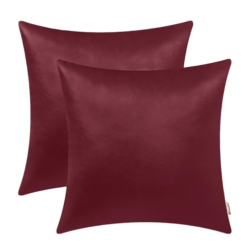 BRAWARM Decorative Throw Pillow Covers, Faux Leather Throw Pillow Cushion Covers, Solid Faux Leather Couch Cases for Living Room Garden Bed, Burgundy, 40cm x 40cm, Pack of 2