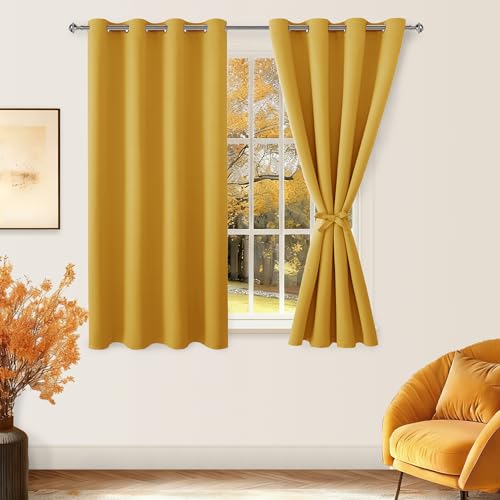 Hiasan Blackout Curtains for Bedroom, 52 x 54 Inches Long - Thermal Insulated & Light Blocking Window Curtains for Living Room, 2 Drape Panels Sewn with Tiebacks, Mustard Yellow