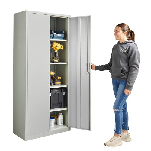 """""""""""""""Metal Storage Cabinet, Lockable 2 Door Metal Cupboard with 4 Adjustable Shelves, for Warehouse, Office, Home, Garage, 185cm Tall, Grey Steel, Easy Assembly"""""""""""""""